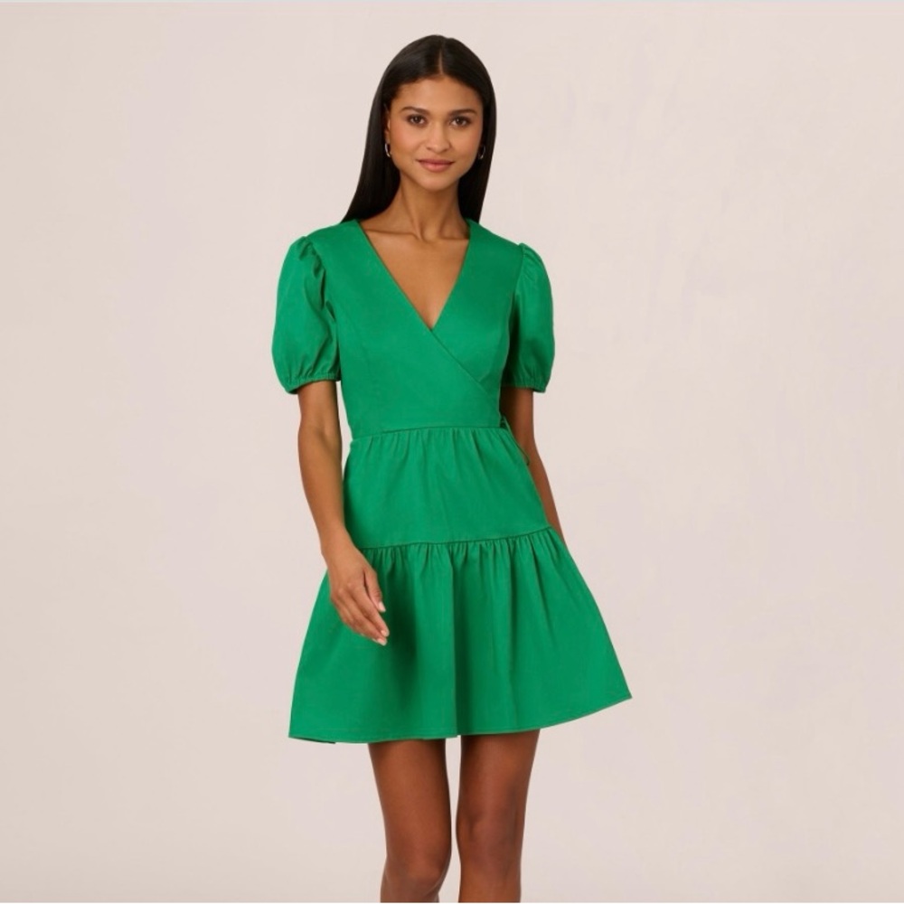 Adrianna Papell Green Puff Sleeve Mini Dress